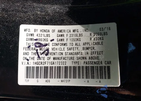 2016 Honda Accord Ex from USA, damaged, VIN 1HGCR2F71GA172322